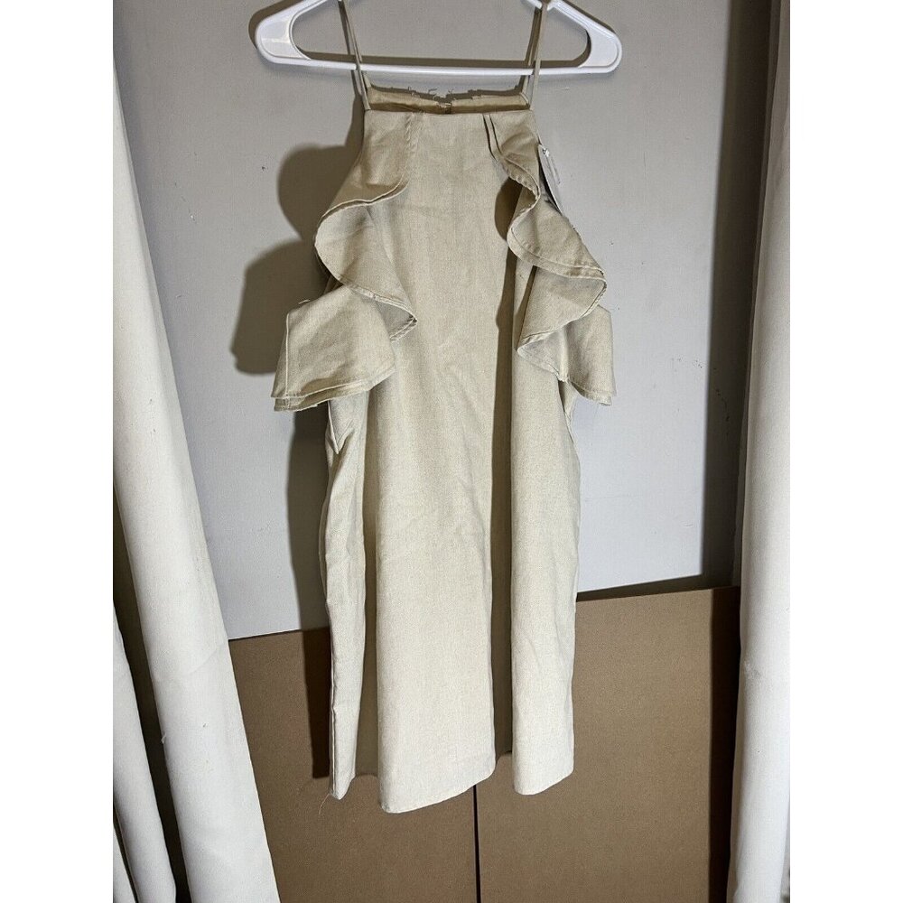 New Linen Lux Beige Linen Dress Size Large Minimalist Classic Pockets Ruffled